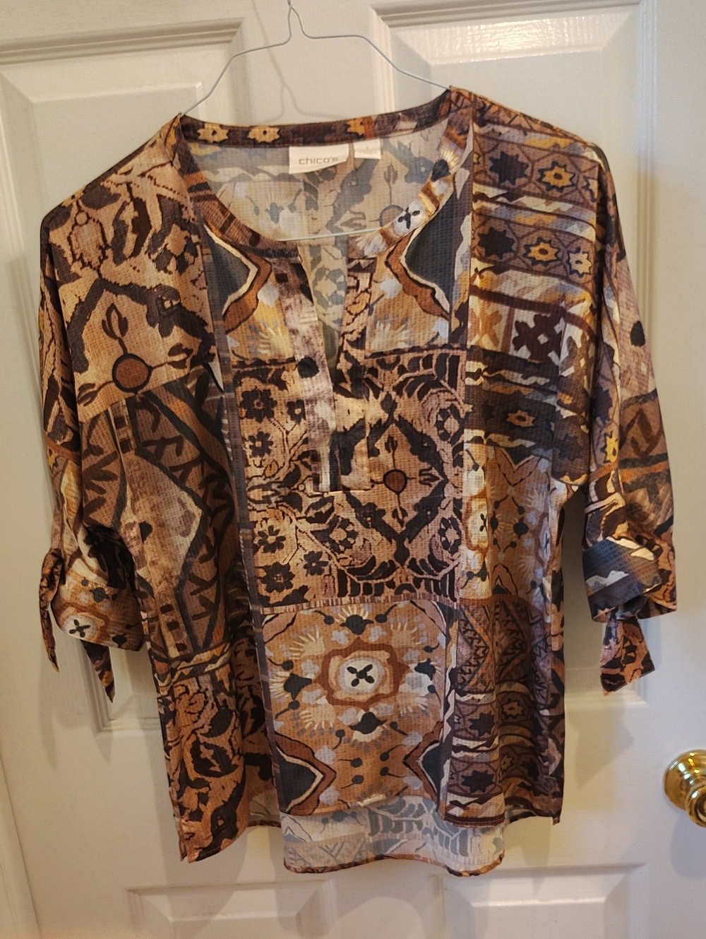 Chico's Brown and Tan Women's Top With Half Hem Tie Sleeves